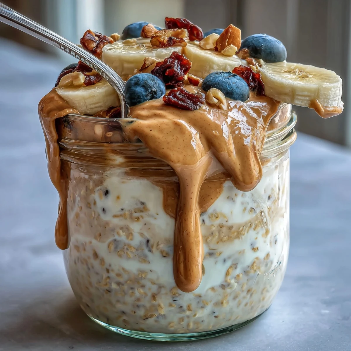 Creamy high-protein peanut butter overnight oats in a glass jar, layered with ripe banana slices and a sprinkle of cinnamon.  