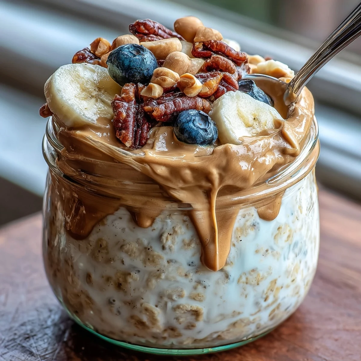 A spoon dips into thick, velvety peanut butter overnight oats, topped with fresh blueberries and a drizzle of honey.  