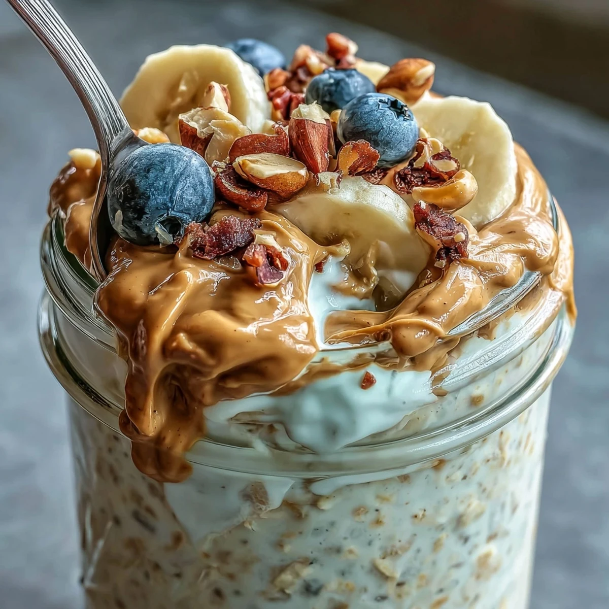 Breakfast jar of high-protein peanut butter overnight oats, garnished with chopped roasted peanuts and a dollop of Greek yogurt.