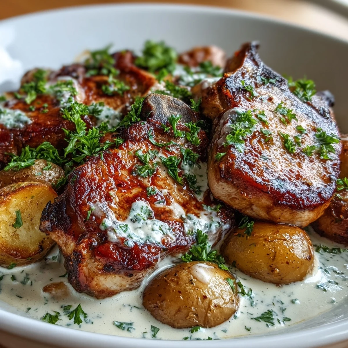 Fork-tender Crockpot Ranch Pork Chops with velvety ranch sauce, buttery potatoes, and carrots, garnished with fresh parsley for serving.