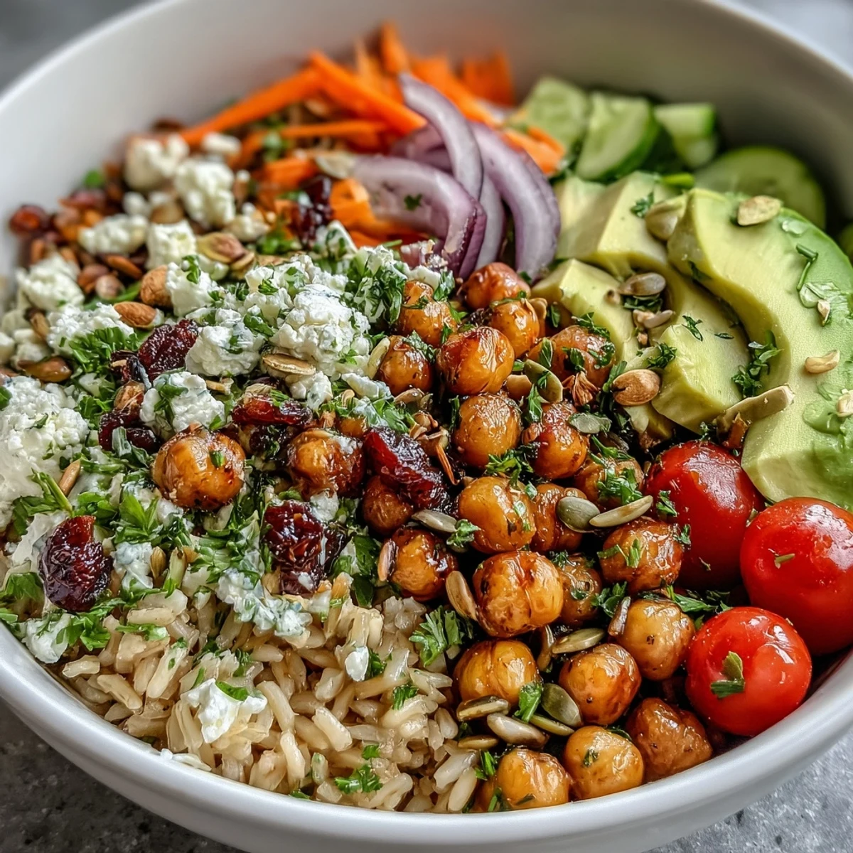 Colorful Simple Grain Bowl topped with chickpeas, avocado, cherry tomatoes, pumpkin seeds, and fresh herbs on a rustic wooden table.