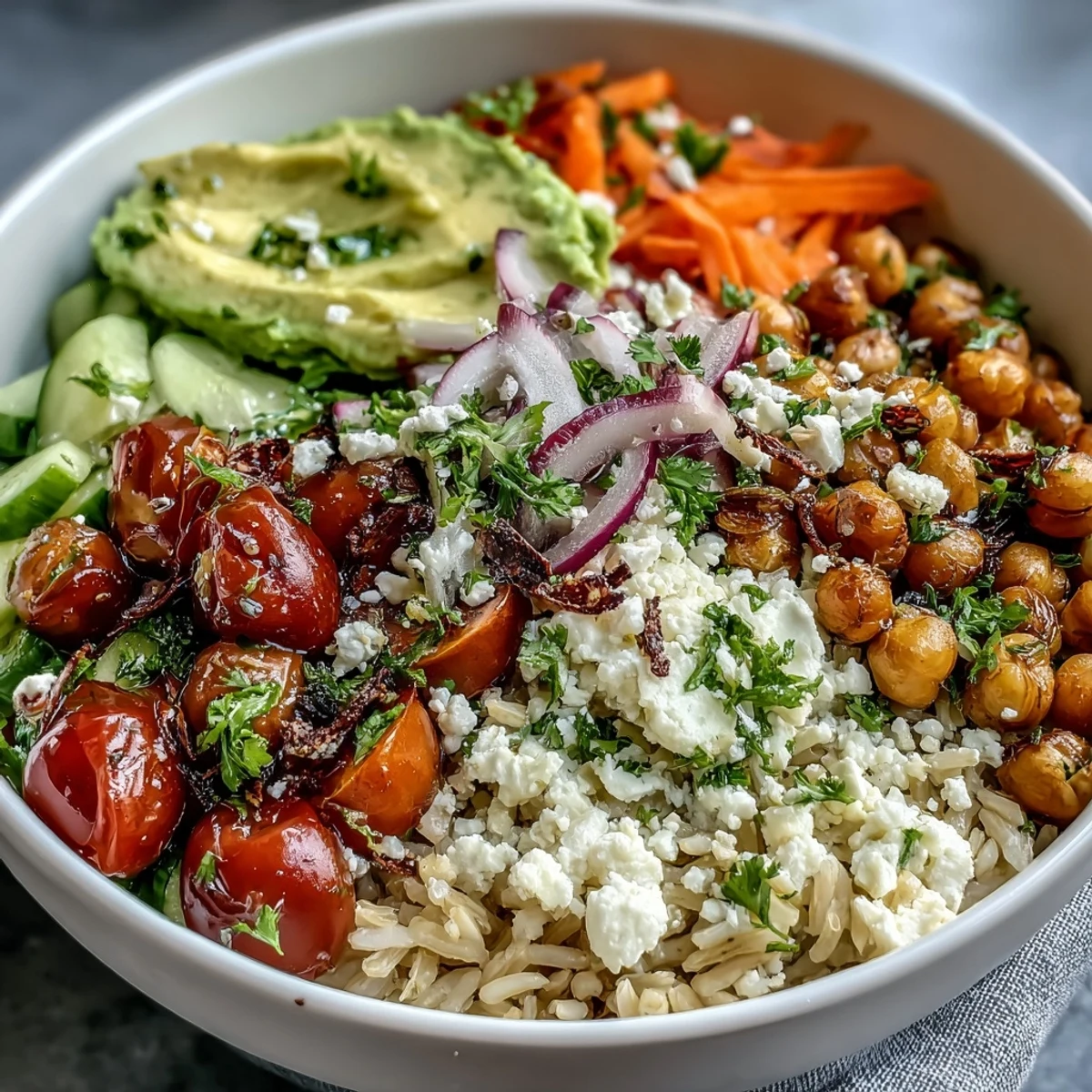 Vibrant Simple Grain Bowl with brown rice, grilled chicken, cucumbers, carrots, feta, and a lemony dressing, ready for a healthy lunch.