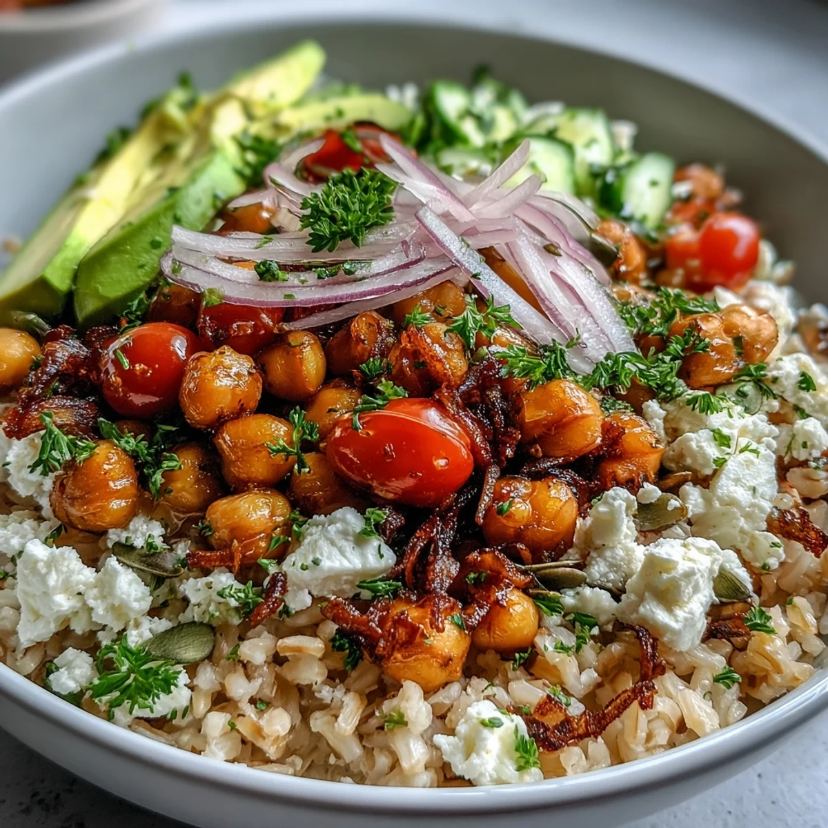 Healthy Simple Grain Bowl featuring quinoa, pan-seared tofu, shredded carrots, red onion, and pumpkin seeds, drizzled with zesty vinaigrette.