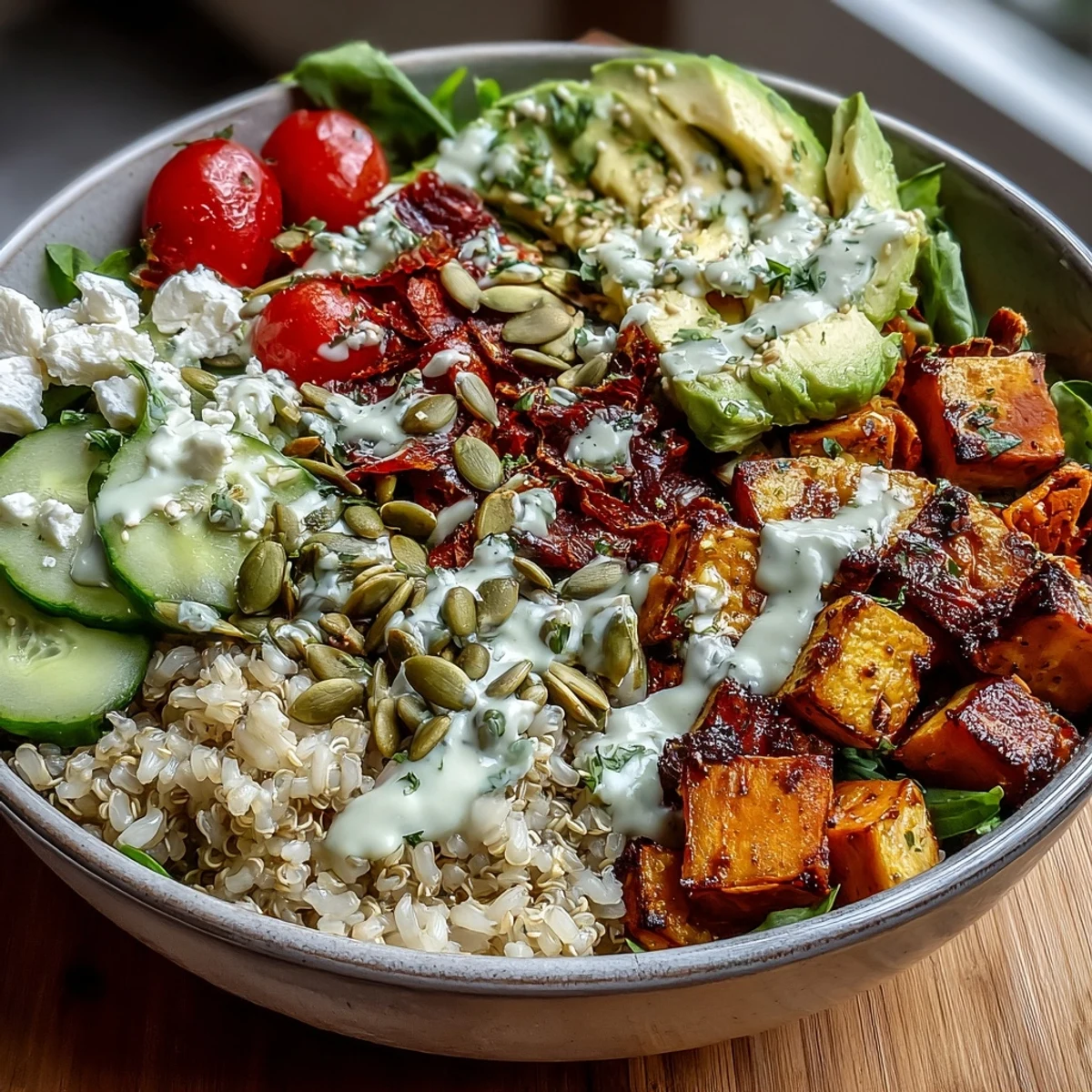 A vibrant Customizable Grain Bowl with quinoa, grilled chicken, roasted sweet potatoes, and cherry tomatoes, drizzled with creamy tahini dressing.