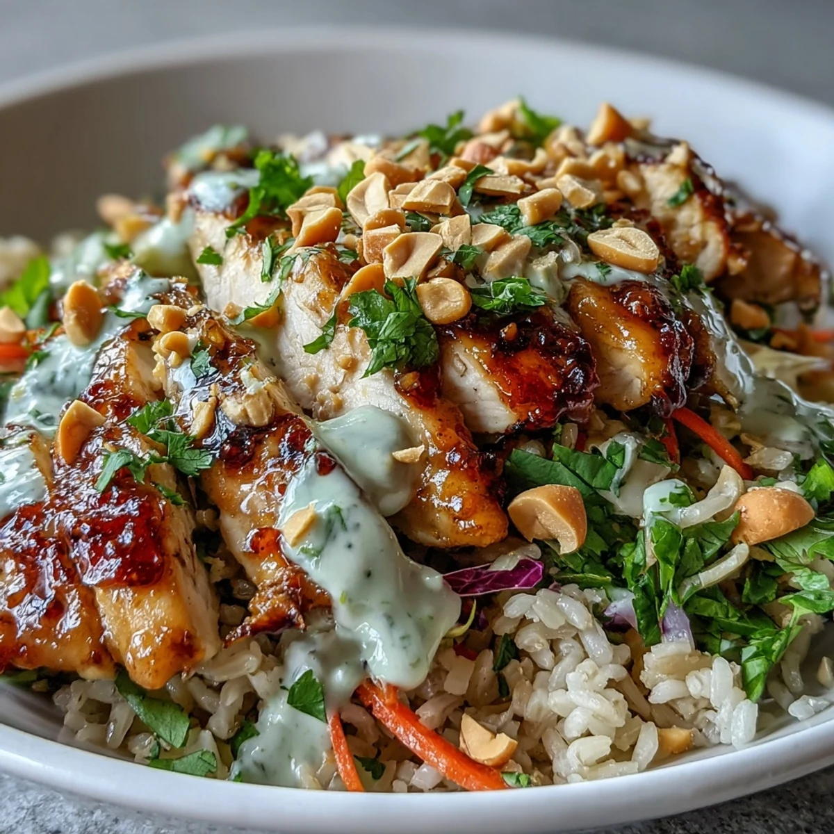 Freshly baked, seasoned chicken slices rest over brown rice and crisp veggies in a Peanut Chicken Power Bowl, topped with creamy peanut sauce and chopped peanuts.