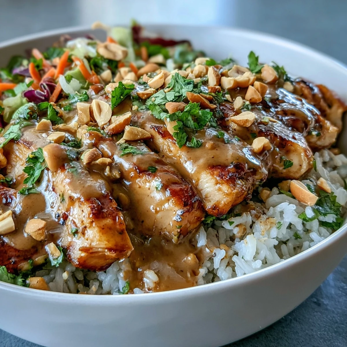 Peanut Chicken Power Bowl featuring tender baked chicken, quinoa, shredded cabbage, and carrots, garnished with cilantro and lime wedges for a zesty, protein-packed dinner.