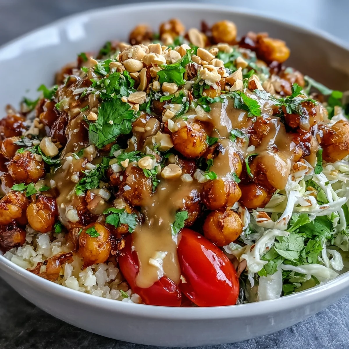 Golden roasted chickpeas on a Peanut Chickpea Protein Bowl topped with fresh, crisp vegetables and seeds.