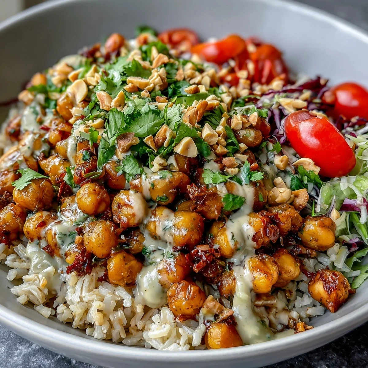 Overhead view of a vibrant Peanut Chickpea Protein Bowl served with brown rice and drizzled peanut sauce.