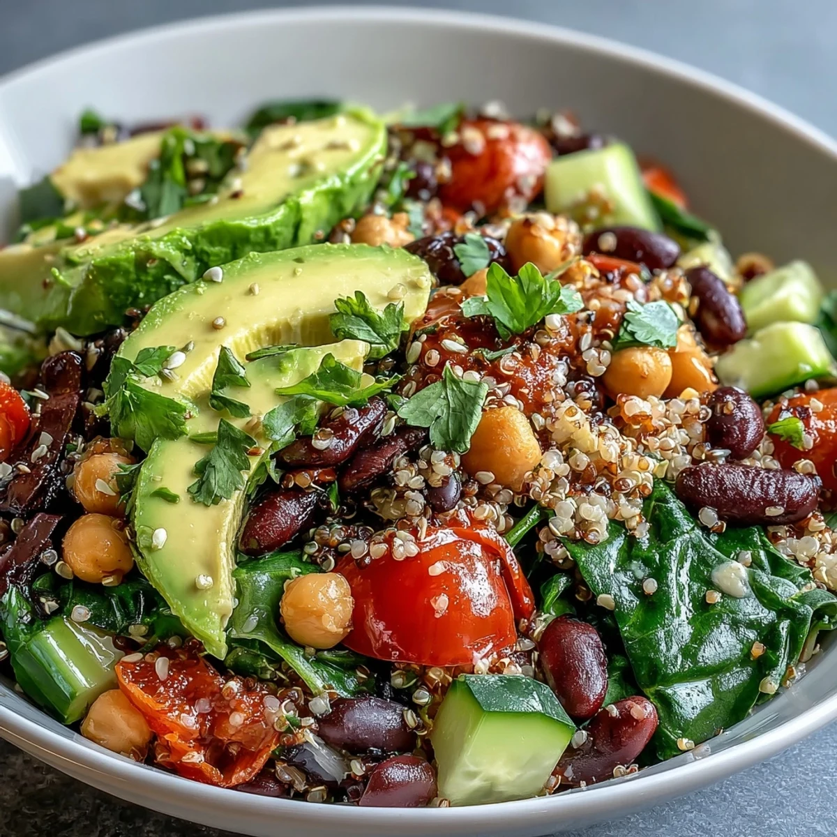 Three-Bean Power Bowl with quinoa, mixed beans, avocado, cherry tomatoes, and zesty dressing, served in a rustic ceramic bowl for a nourishing vegetarian dinner.