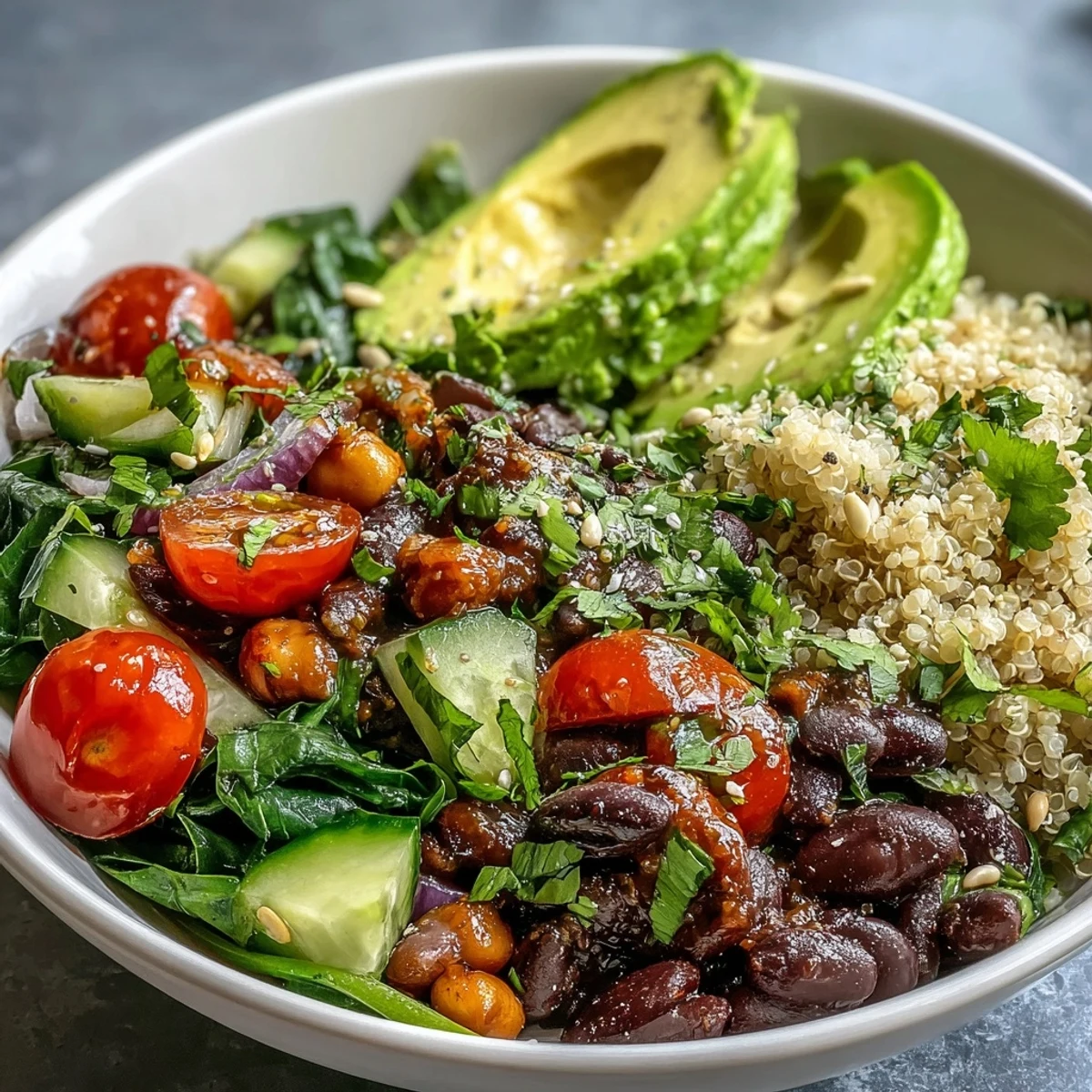 Vibrant Three-Bean Power Bowl topped with sliced avocado, fresh cilantro, and toasted pumpkin seeds, perfect for a gluten-free lunch or protein-packed family dinner.