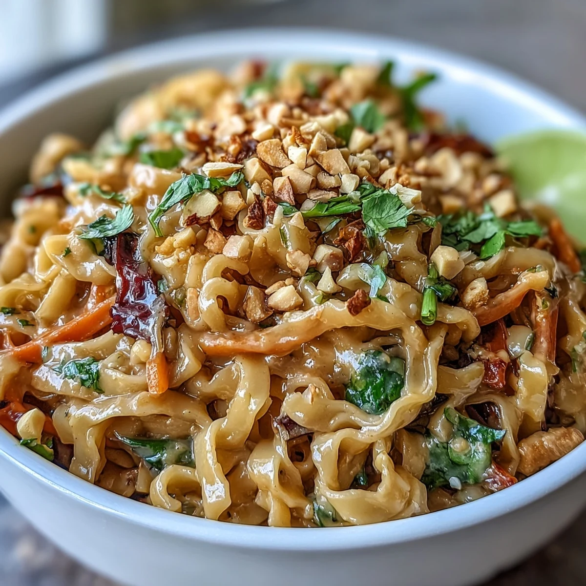 A close-up of Asian Peanut Noodle Bowl with creamy peanut dressing coating rice noodles and crunchy bean sprouts.