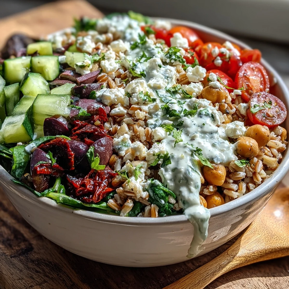 Colorful Mediterranean Farro Bowl topped with feta, fresh parsley, and creamy tahini dressing, served in a white ceramic bowl.