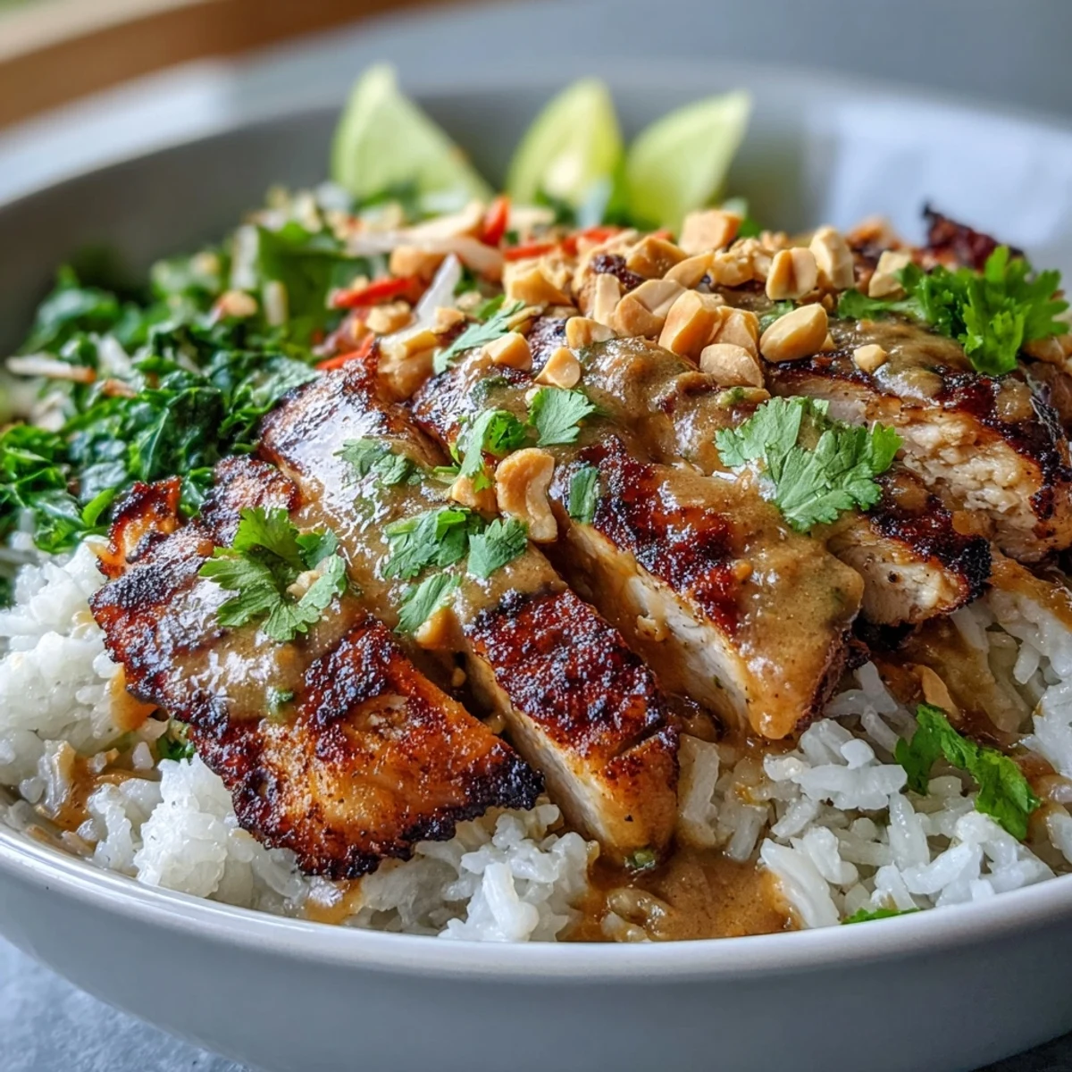 Colorful Coconut Rice Peanut Bowl featuring fresh veggies, tender chicken, and silky peanut drizzle for a satisfying dinner.