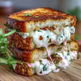 Crusty Goat Cheese Grilled Cheese with Honey & Chili Flakes, drizzled with honey and chili flakes.