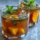 Refreshing mango peach iced tea with fresh mint leaves and fruit slices, perfect for a sunny spring or summer day.