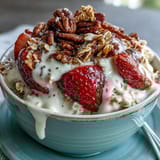 Creamy strawberry overnight oats with chia seeds and granola, topped with fresh berries and crunchy granola for a healthy breakfast.