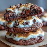 Gooey smores brownie cookies with chocolate chips, graham cracker bits, and toasted marshmallow tops.