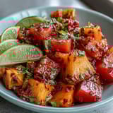 Vibrant mango fruit cups with zesty lime and a hint of chili, perfect for a refreshing summer snack.  