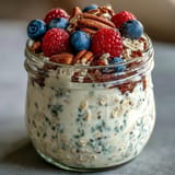 Delicious fiber-rich overnight oats topped with colorful fresh berries and seeds.