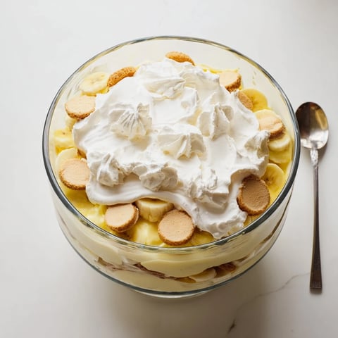 Close-up of Banana Pudding layered in a glass trifle bowl, showing vanilla wafers, fresh banana slices, and creamy pudding.
