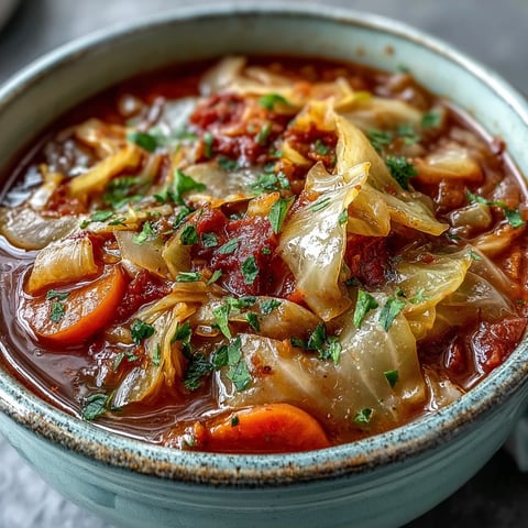 Classic Cabbage Soup steaming in a white bowl, garnished with fresh parsley and served alongside crusty bread.