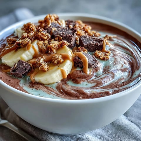 Creamy Chocolate Peanut Butter Smoothie Bowl topped with sliced banana, crunchy granola, and a rich peanut butter drizzle for a satisfying breakfast.