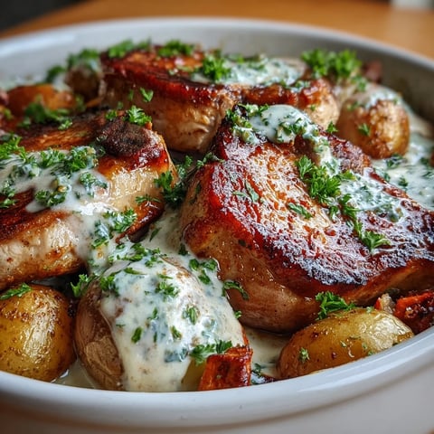 Golden-seared pork chops slow-cooked in creamy ranch sauce, served with tender potatoes and carrots in a hearty one-pot meal.