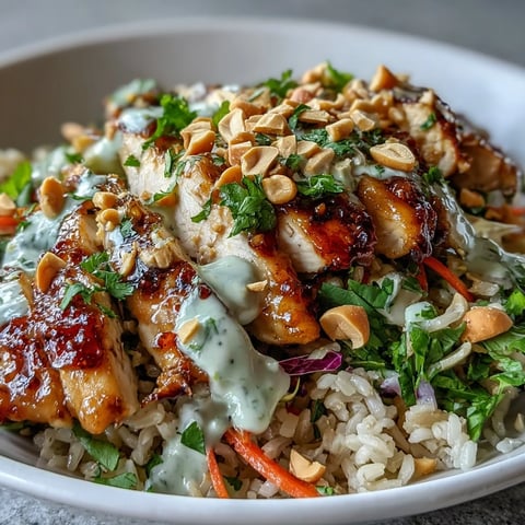 Freshly baked, seasoned chicken slices rest over brown rice and crisp veggies in a Peanut Chicken Power Bowl, topped with creamy peanut sauce and chopped peanuts.