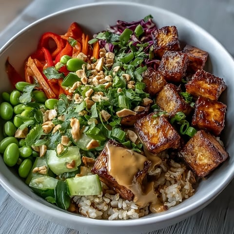 Crispy tofu cubes and colorful veggies in a creamy peanut sauce over a fluffy grain base, ready to eat.