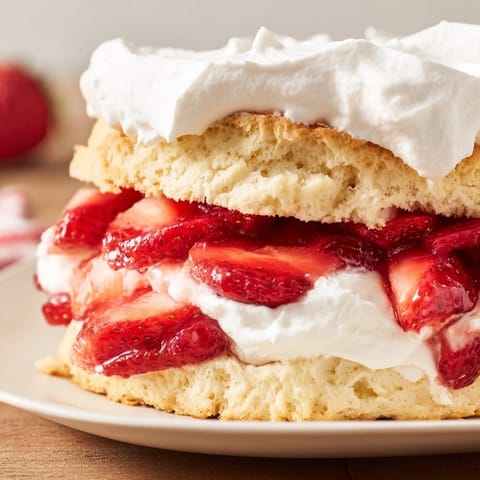 A plated slice of Strawberry Shortcake with glistening berry syrup, perfect for a summery dessert served after lunch.