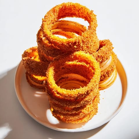 Golden-battered Onion Rings on a plate with ketchup, crispy and crunchy texture.