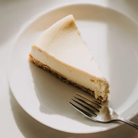 A perfectly sliced New York Cheesecake reveals its dense, creamy texture against a rustic wooden board. Fresh berry garnish adds vibrant color to this classic American dessert.