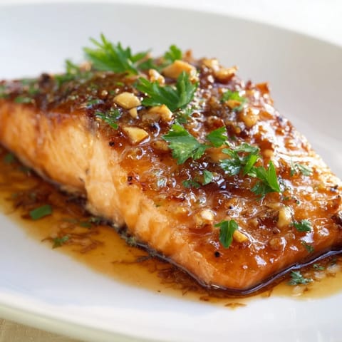 Freshly roasted Honey Garlic Glazed Salmon served with lemon wedges and parsley, ready for dinner.