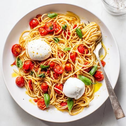 Plate of Burrata Caprese Pasta garnished with basil and a drizzle of extra virgin olive oil.  