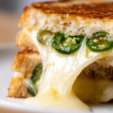 Perfectly melted Jalapeño Havarti Grilled Cheese is paired with a bowl of creamy tomato soup for dipping.