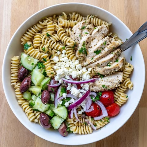 Sliced grilled chicken rests atop Greek Chicken Pasta Bowl with Kalamata olives and crumbled feta cheese.