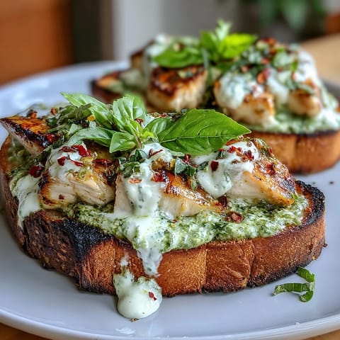 Tangy pesto chicken burrata toast with crusty sourdough and creamy burrata.