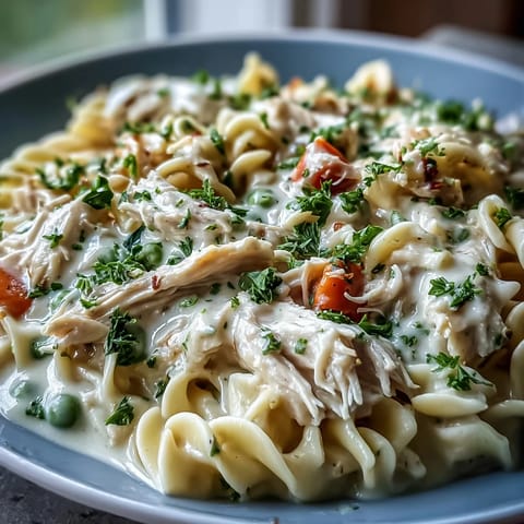 Flavorful Spring Chicken Noodle Skillet, bubbling hot in a rustic cast iron pan.