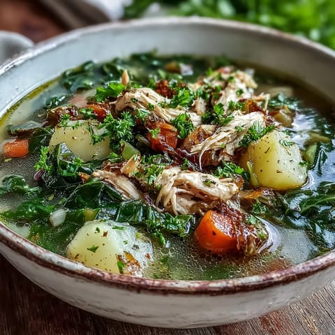 A close-up of Collard Greens, Chicken and Vegetable Soup in a rustic bowl, garnished with fresh parsley and a lemon wedge.  