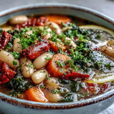 Mediterranean White Bean Stew simmering in a pot, with colorful bell peppers and spices, ready for a family dinner.