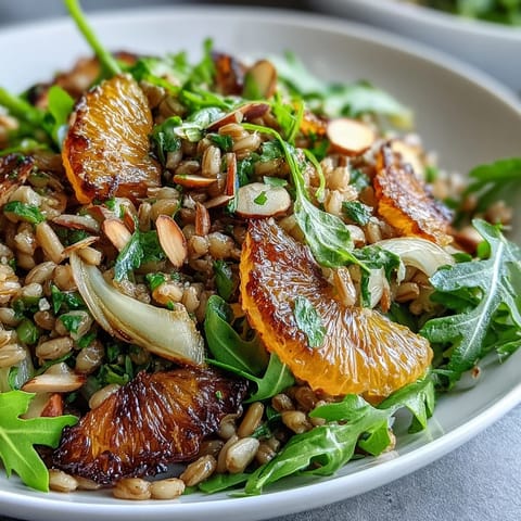 Hearty grains and crisp fennel make up this Farro Salad with Fennel, Oranges, and Almonds, dressed in citrus vinaigrette.