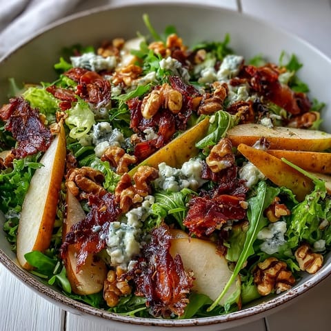 Crisp frisée and juicy pear slices topped with crumbled blue cheese and golden, crispy prosciutto shards on a white plate.