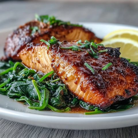 Golden-brown Miso Salmon on Sautéed Spinach served on a white plate with lemon wedges.