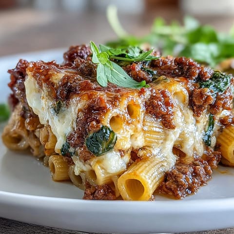 Slices of the hearty High Protein Italian Beef and Pasta Bake rest on a white plate, revealing layers of whole wheat pasta, lean beef, and spinach under melted cheese.  