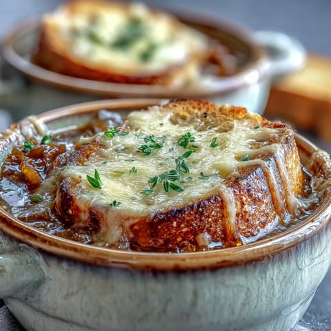 Hearty French Onion Soup served with crusty bread and rich beef broth in a cozy bowl.
