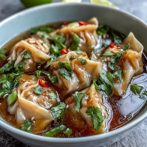 A close-up of Tom Yum Wonton Soup garnished with fresh cilantro, lime wedges, and chili oil for zest.