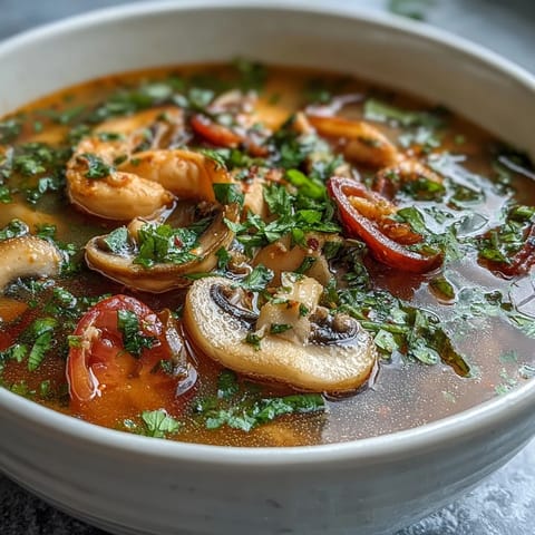 Lemongrass and kaffir lime leaves infuse this classic Thai soup with bold, aromatic flavors.