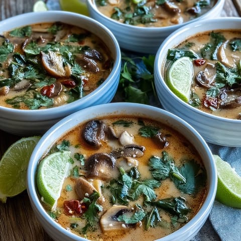 A fragrant bowl of Tom Kha Soup with chicken and mushrooms, garnished with fresh cilantro and lime wedges.