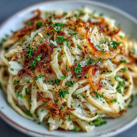 Golden caramelized cabbage and al dente spaghetti tossed with sliced garlic in a large skillet.