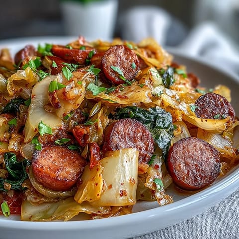 A close-up of Smothered Cabbage With Sausage Skillet, featuring caramelized onions and tender cabbage.